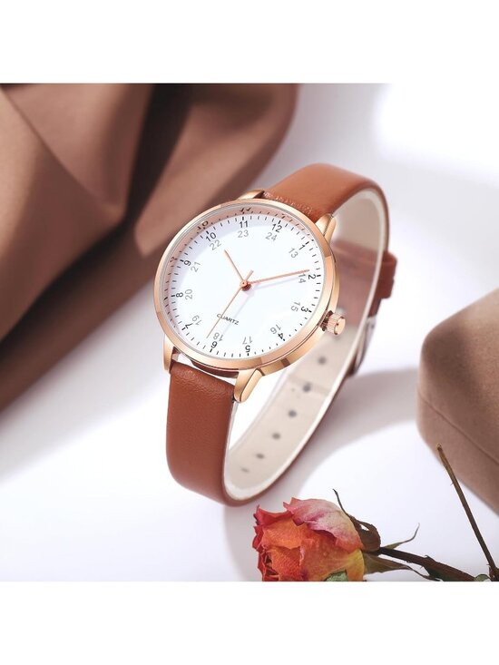 Women\'s Brown And White Analog Case Quartz Leather Mesh Strap Round Wrist Watch main image 4